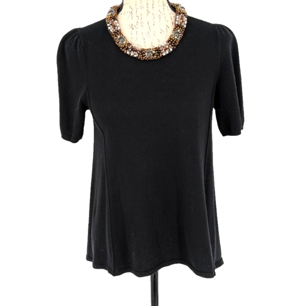 Anthropologie HWR Black Sweater Cotton Blend Jeweled Neckline Sm